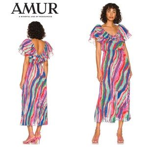 AMUR Luisa Pleated Midi Dress in Aventurine Marble